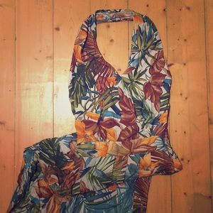 Vintage tropical faux wrap halter dress
